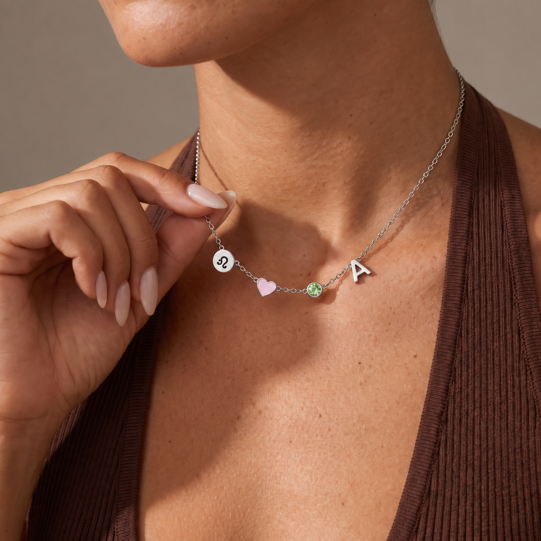 Custom Initial Heart Necklace with Birthstone and Zodiac Sign