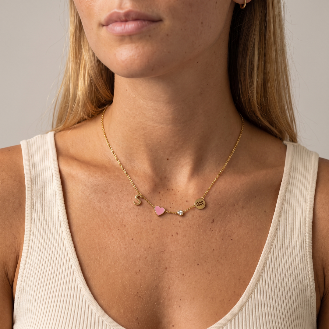 Custom Initial Heart Necklace with Birthstone and Zodiac Sign