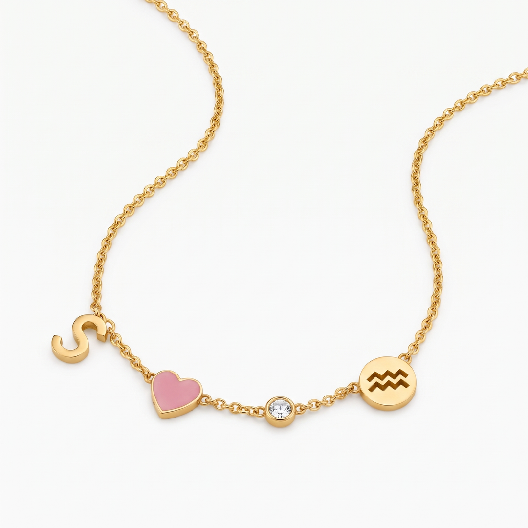 Custom Initial Heart Necklace with Birthstone and Zodiac Sign