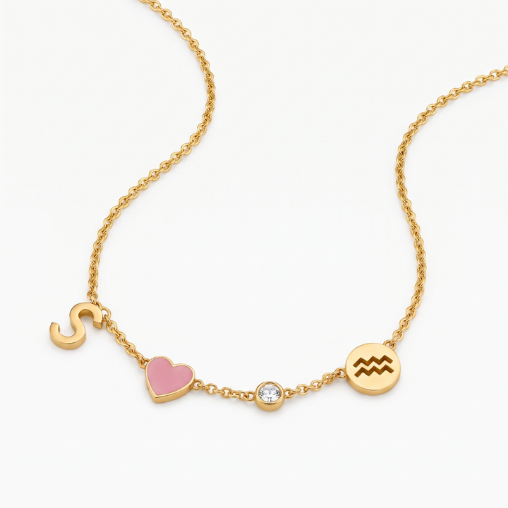 Custom Initial Heart Necklace with Birthstone and Zodiac Sign